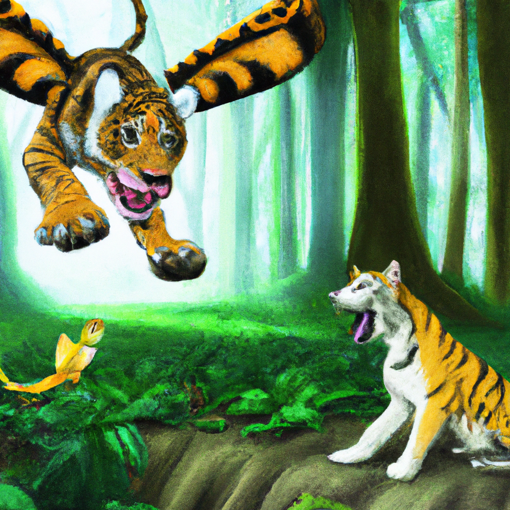 Flying tiger in forest meeting a scary-looking brown dog